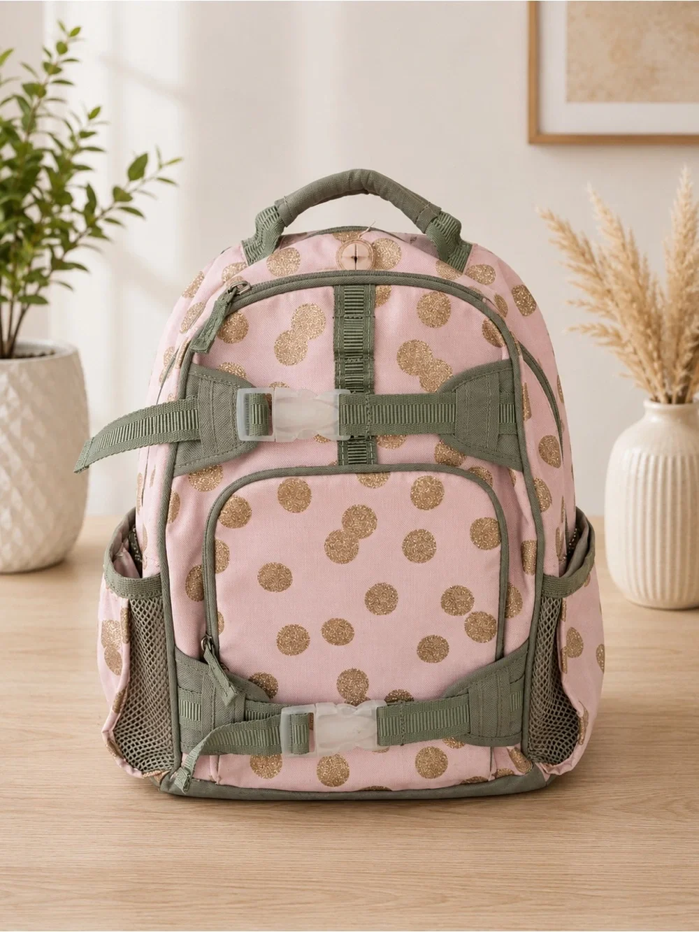 Pottery Barn Kids Pink Backpack Set with Gold Polka Dots and Olive Trim
